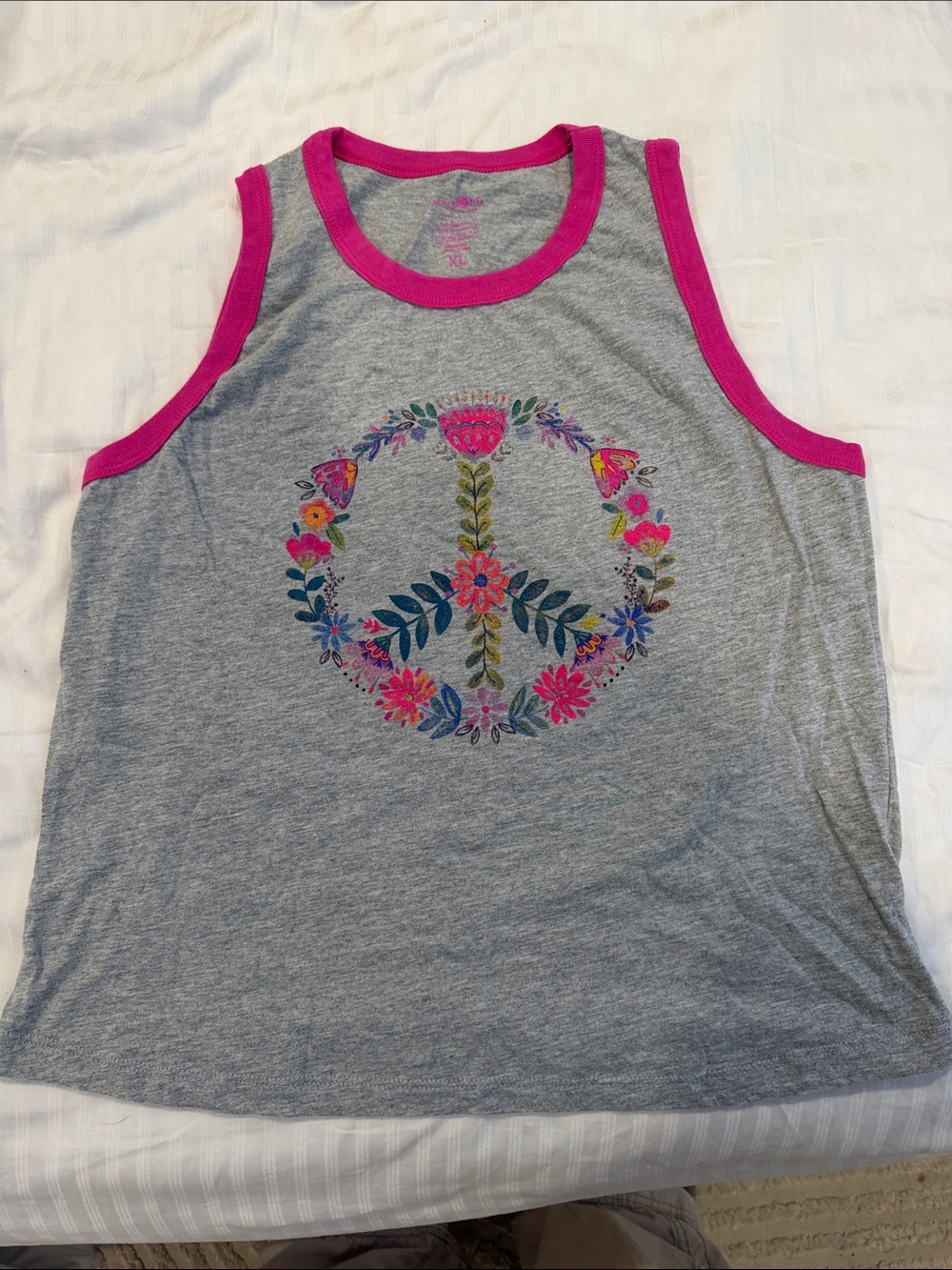 NATURAL LIFE Gray Tank Top with Pink Trim and Floral Peace Sign